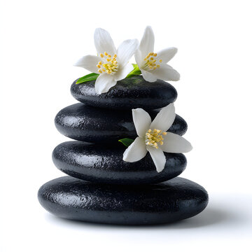 Black spa stone stack element with white jasmine flowers, isolated on a plain background; an element for product advertising.