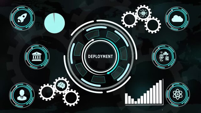 Software deployment concept featuring rocket launch icon, futuristic digital HUD interface, and technical gears.