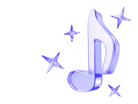 Hologram glass music note icon with sparkling stars on light blue background. Eighth note with flag, song chord, classic melody for musical festival or concert, 3d web banner template