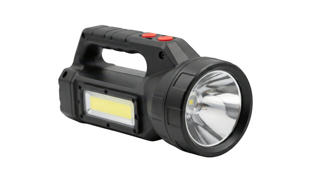 Black handheld led flashlight isolated on transparent background