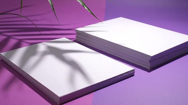 Two stacks of blank white paper sheets on a dual tone purple background with tropical leaf shadows