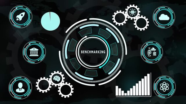 Business benchmarking concept featuring performance growth chart, futuristic HUD interface, gears, and tech icons.