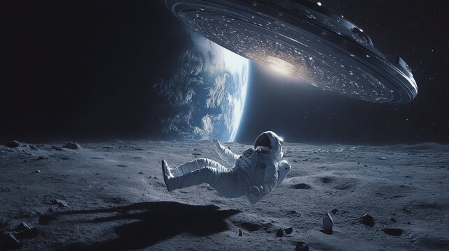 Astronaut floating near alien spaceship in space.