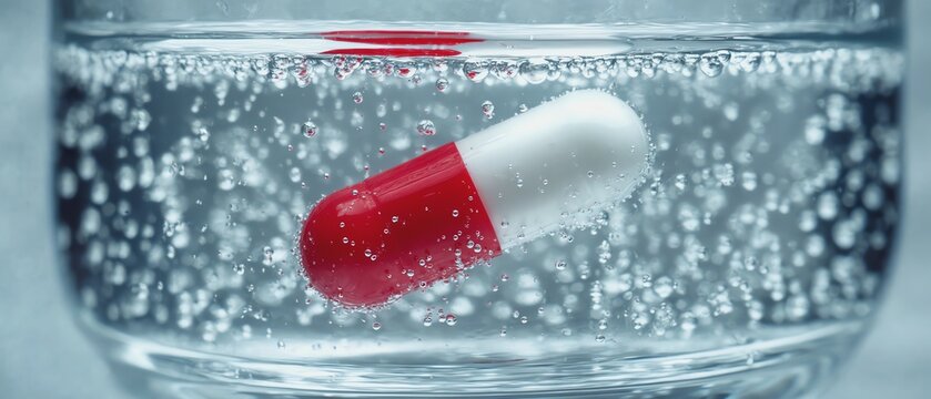 Pill dissolving in water, creating bubbles.