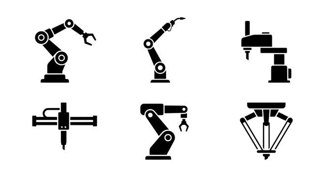Industrial robotic arm icons, 6 factory automation vectors, black robot arm set
