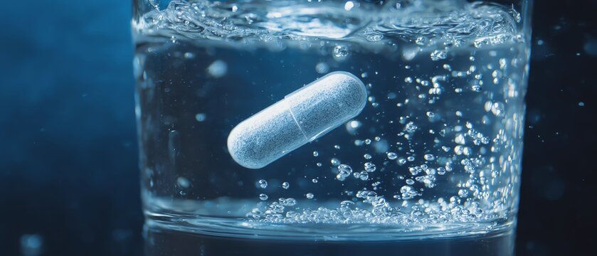 Pill dissolving in water with bubbles forming.