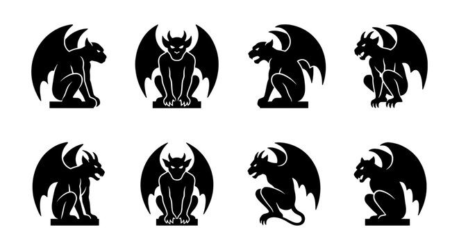 Gothic gargoyle silhouettes, 8 mythological stone statues, black demon vector icons