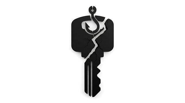 Black broken door key with a metal fishing hook symbol on a flat surface
