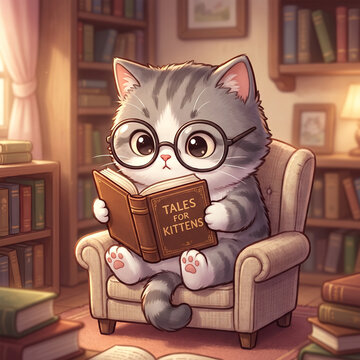 Cute Kitten with Glasses Reading a Book in a Cozy Library.