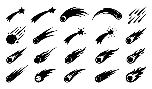 Black Silhouette Shooting Star and Meteor Icons Collection with Fast Motion Space Design Elements