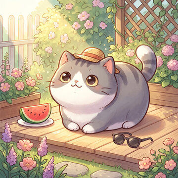 Cute Kitten Relaxing in a Blooming Flower Garden.