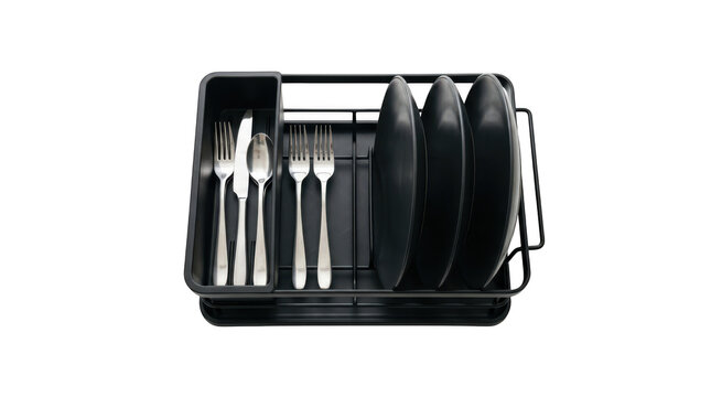 Modern black dish drying rack with cutlery and plates isolated on transparent background