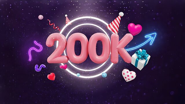200k followers celebration background. Social media milestone banner with pink balloons.
