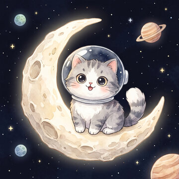 Cute Astronaut Kitten Sitting on a Crescent Moon in Outer Space.
