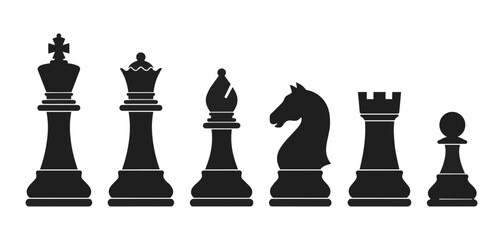Chess set of black pieces including king queen bishop knight rook pawn isolated on white background with strategy competition intellect © Dhriti Roy