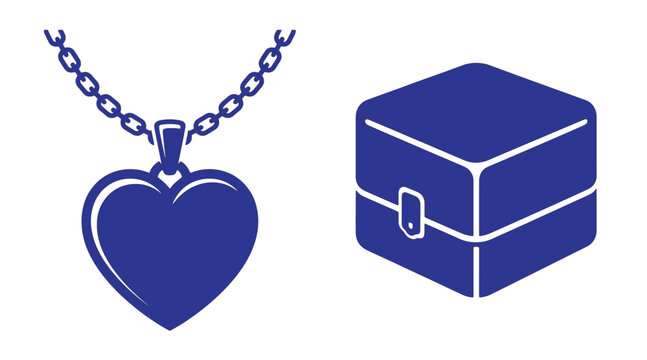 Blue heart necklace pendant and small storage box icons with necklace container accessory isolated minimalist interface template ornament precious