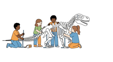 Children assembling large dinosaur skeleton in classroom © jepri