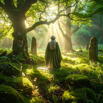Mystical Druid Standing in Ancient Sunlit Forest Clearing.