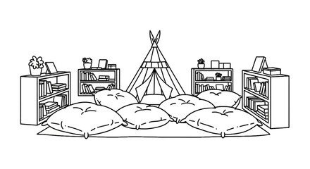 Cozy reading nook with teepee tent pillows and bookshelves © jepri