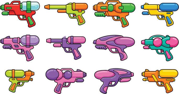Colorful cartoon water gun collection featuring playful toy blasters and summer outdoor game accessories vector illustration set