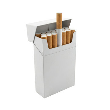 A white pack of cigarettes with one cigarette pulled out isolated on transparent background