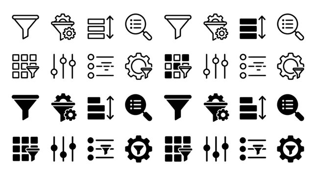 Set of modern user interface filter and data sorting icons in outline and solid styles for web and mobile applications
