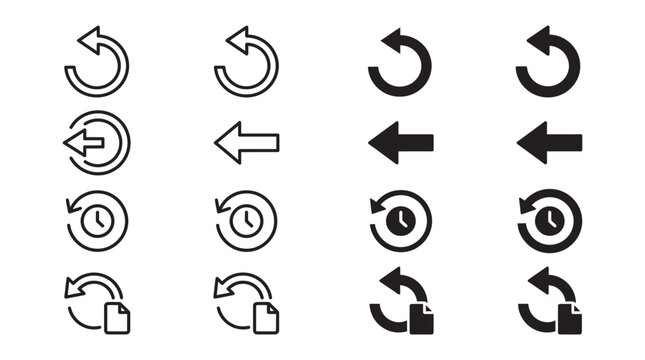 Set of UI navigation and history icons including circular refresh back arrows file restoration symbols navigation