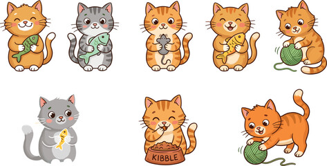 Obraz premium Cute Cartoon Kitten and Cat Sticker Set with Cheerful Tabby Felines Playing with Yarn, Eating Kibble, and Holding Fish Toys for Kids Graphic Designs