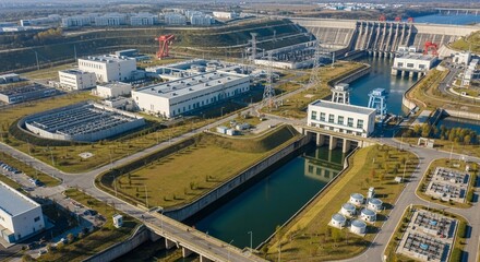 Fototapeta premium Expansive Hydroelectric Power Plant Complex Generating Renewable Energy from Water Flow