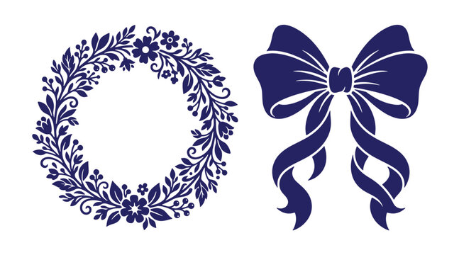 Decorative floral wreath and ribbon bow silhouette with decoration ornament celebration greeting silhouette botanical isolated background