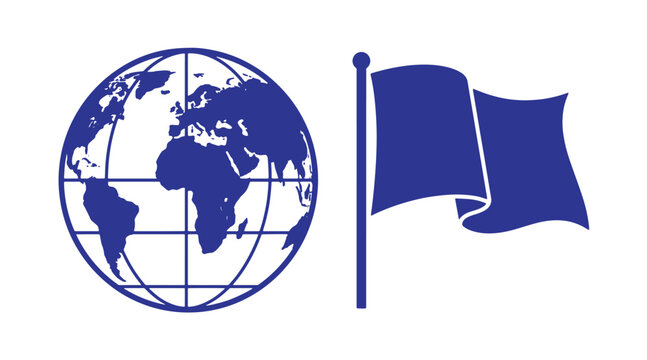 Global communication concept with a blue globe icon and a waving flag symbol world wide international communication politics navigation continent geography diplomacy