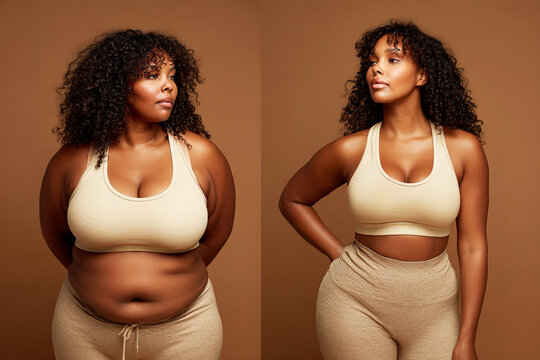 Before and after collage of plus size dark skinned woman on beige background. Weightloss, bodypositive and health transformation concept. Comparison of posture, confidence and wellbeing progress.
