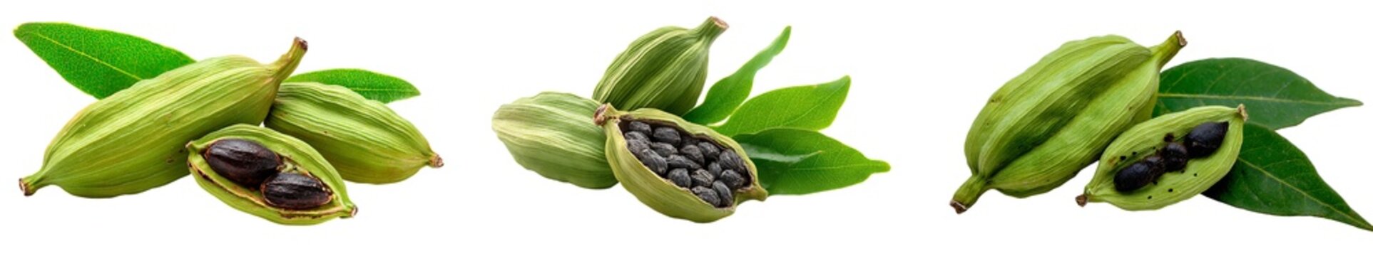 Three green jatropha curcas fruits with leaves on transparent background