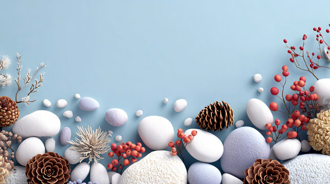 Flat lay top view 3D render of winter nature elements including snow, berries and branches on blue pastel background. Minimal seasonal design, winter decoration, clean composition concept.