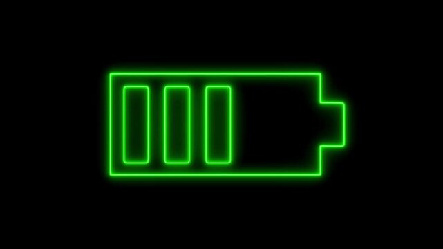 Neon glowing battery icon. Charger, running from red low to green full cell phone battery.