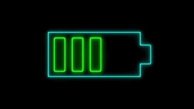 Neon glowing battery icon. Charger, running from red low to green full cell phone battery.