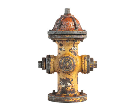 Old weathered yellow fire hydrant isolated on transparent background