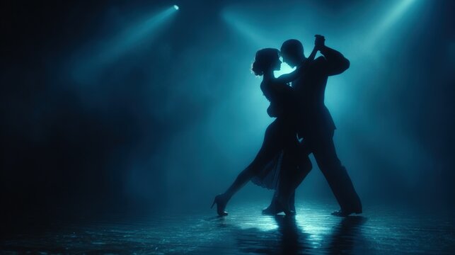 Silhouette of a couple dancing tango on a stage under dramatic blue spotlights and fog