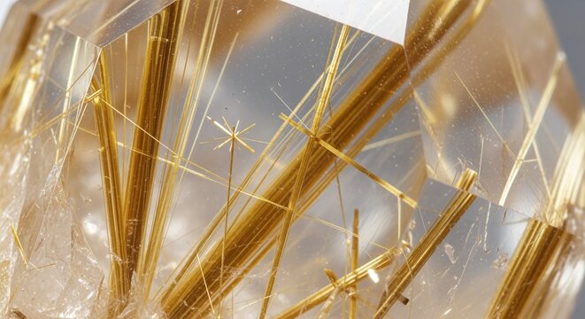 Macro view of sparkling golden rutile needles within a clear quartz crystal.
