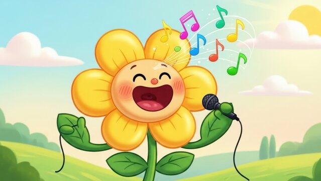 Cute singing flower character with microphone and musical notes