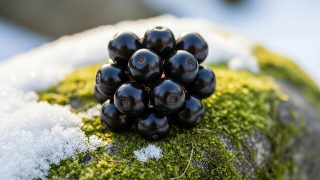 Close up of black berries on mossy rock with snow