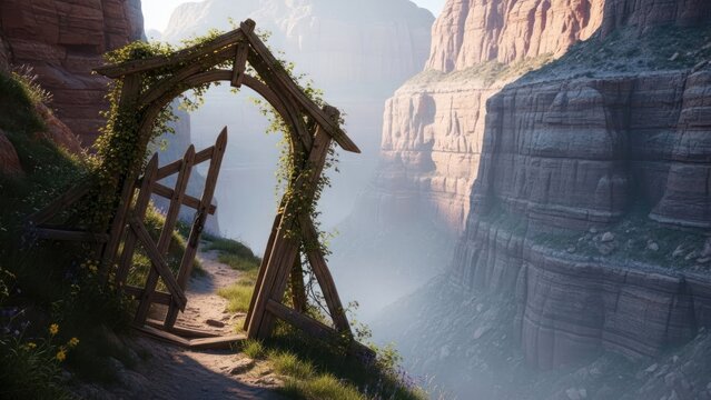 Rustic wooden gate arch overgrown with vines overlooking a misty canyon.