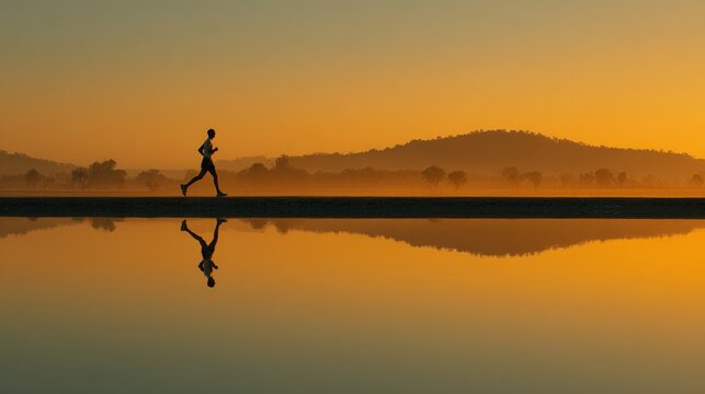Silhouette of a man running on a lake shore during sunrise with golden water reflection