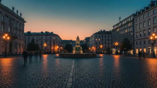Serene European City Square at Dusk with Fountain and Glowing Streetlights