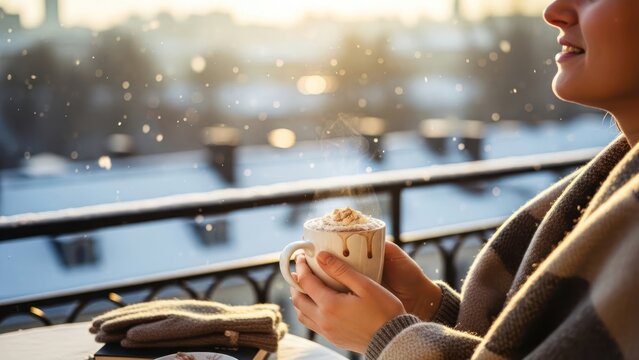Woman enjoys hot chocolate on a snowy winter morning.