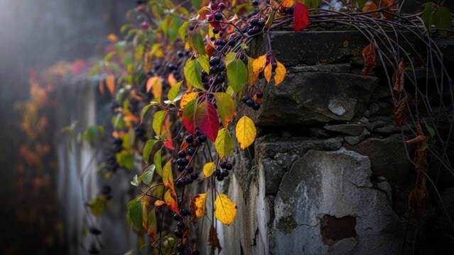 Vibrant autumn foliage with dark berries cascading over an old stone wall.