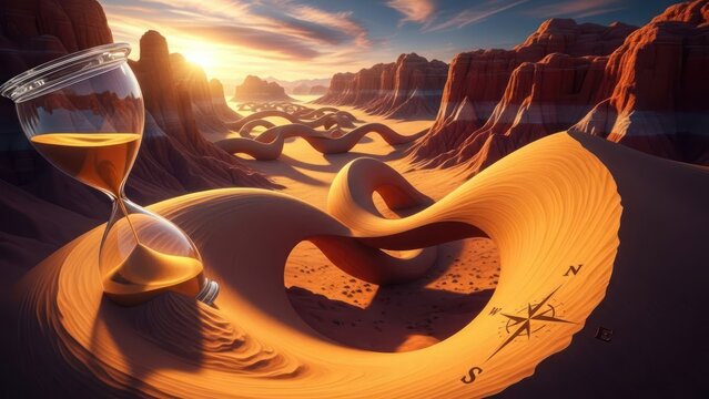 Hourglass in a surreal desert landscape at sunset, symbolizing time and journey.