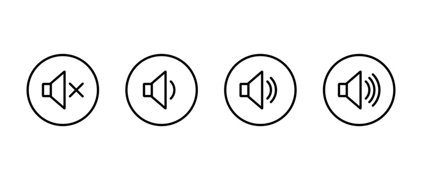 Speaker volume outline icon in circular line. Audio control symbol. Mute and loudness level sign