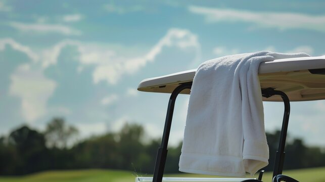 A golf towel resting on a golf cart under clouds.