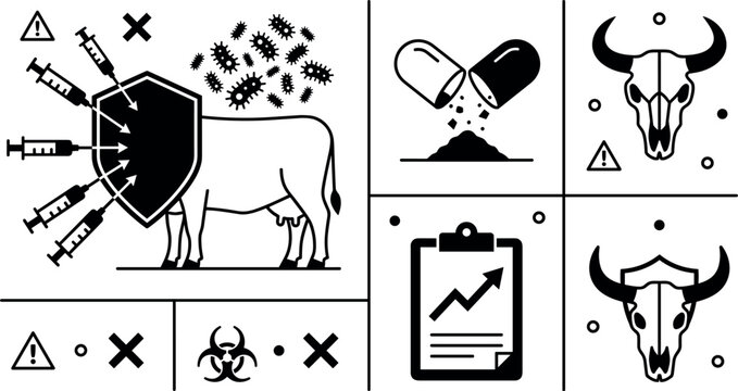 Antibiotic Resistance in Livestock Vector Icon Set Featuring Overused Medical Syringe Injections on Cattle Protective Shield Open Pill Capsule and Animal Skull Hazard Graphics
